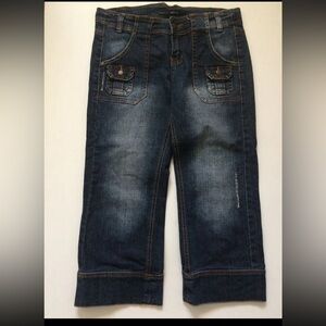 Refuge Jeans Blue Denim Bermuda Pant Crop Cuff Distress Flap Pockets Woman Sz 9